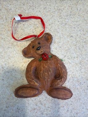 Kurt Adler Wooden like Bear Ornament with Red Bell